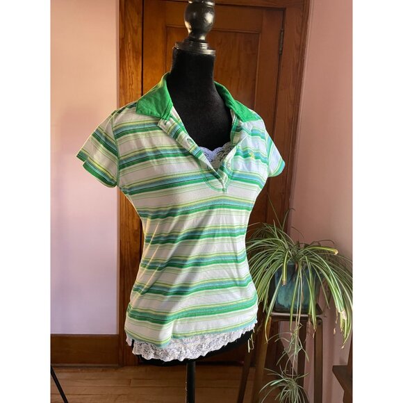 VTG Y2K Energie green striped polo top preppy Sz XL Mallcore Bratz Avril Lavigne - Picture 2 of 10